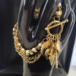 Gold Tone Multi Strand Charm Bracelet Faux Pearl Rhinestone Coin Heart Key Glam